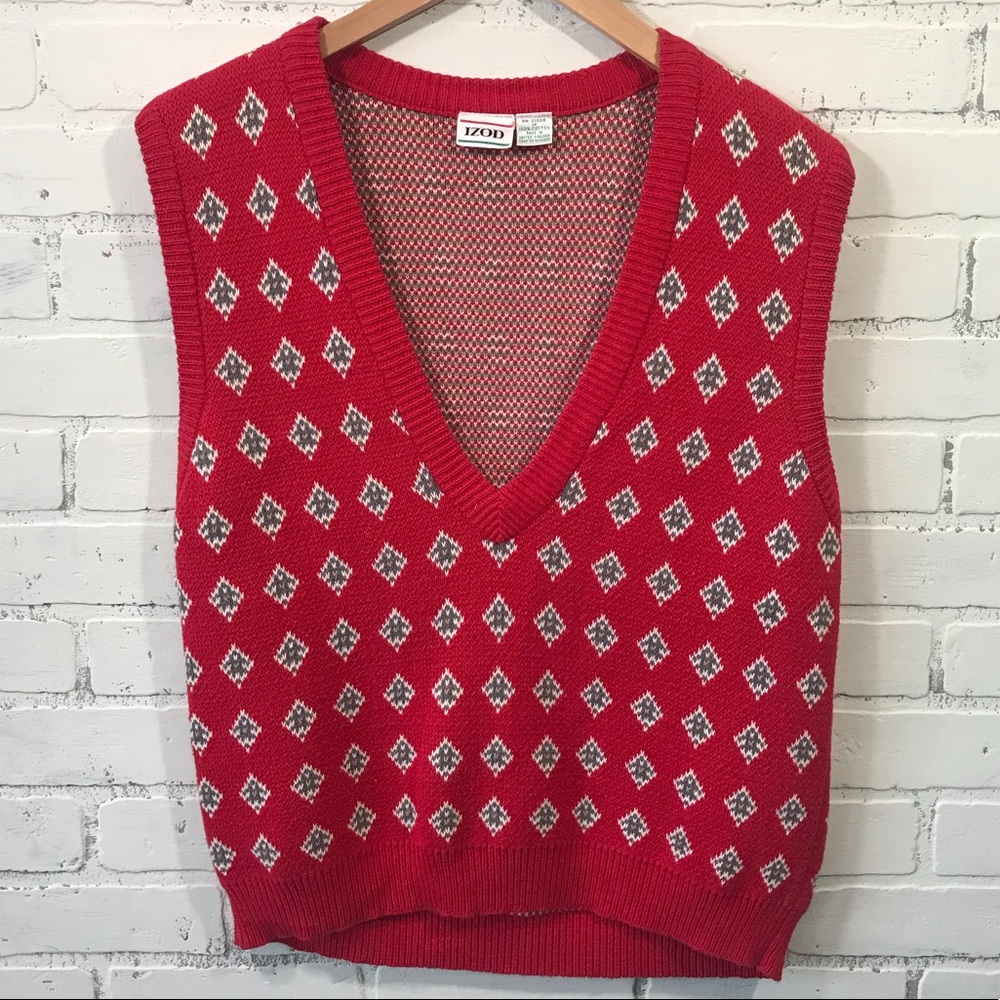 Vintage Izod V Neck Sweater Vest Red White Grey